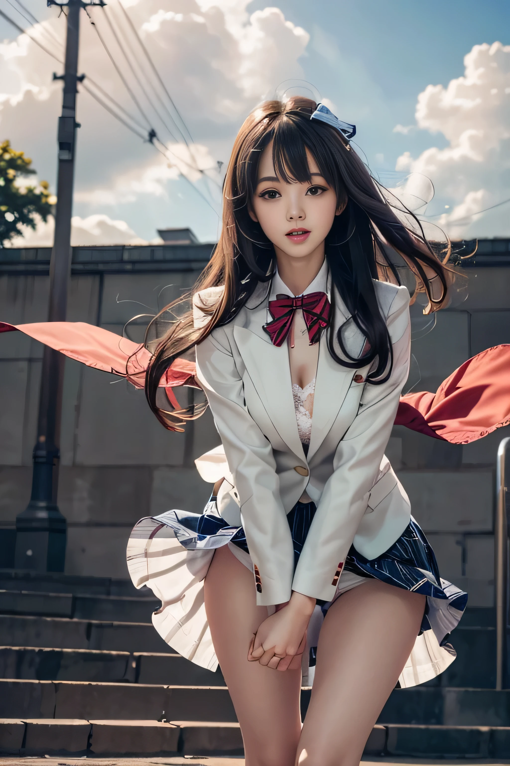 (Girl Standing On School Steps),1 girl, dark blue hair, bangs, long hair, sparkling eyes, long eyelashes, compensate, light smile, Depth of written boundary, one person&#39;perspective, close, from below, wide angle, f/1.8, 135mm, canon, nffsw, retina, table top, Accurate, anatomically correct, rough skin, Super detailed, advanced details, high quality, 最high quality, High resolution, 1080P, 4K, 8K,(Female student climbing the stairs at school),46 point diagonal bangs,Female student、((uniform: White blazer with emblem on the chest))、translucent white blouse、(red bow tie)、（( In bright colors,Check stripe)（）、laughter,((Skirt soars in the wind)),((White lace panties are visible))、