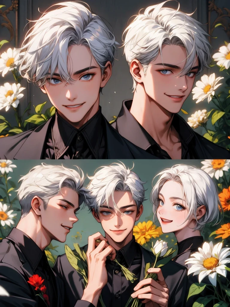 masterpiece, collage of teenage boy holding flowers,  white hair, happy