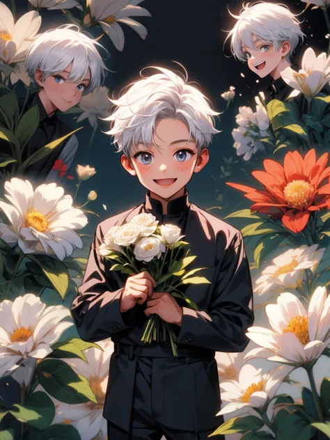 masterpiece, collage of little boy holding flowers,  white hair, happy, smile