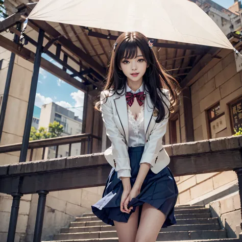 (Girl Standing On School Steps),1 girl, dark blue hair, bangs, long hair, sparkling eyes, long eyelashes, compensate, light smil...