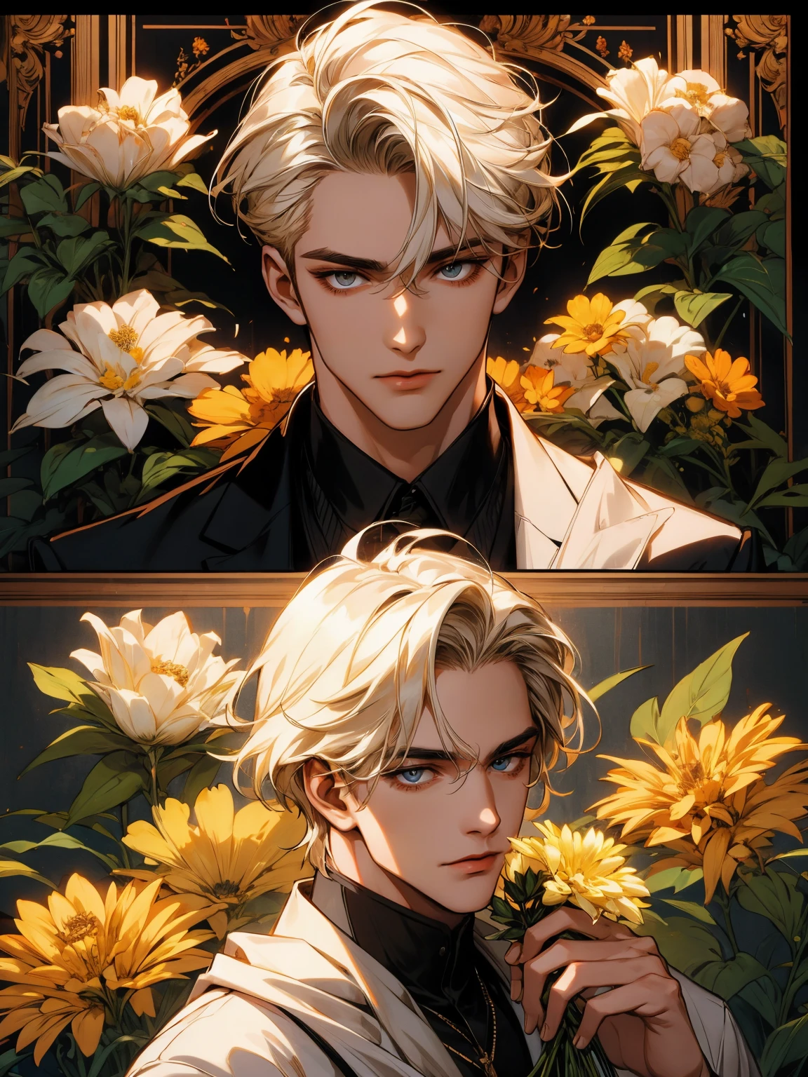 masterpiece, collage of man holding flowers, blond hair, black hair, white hair