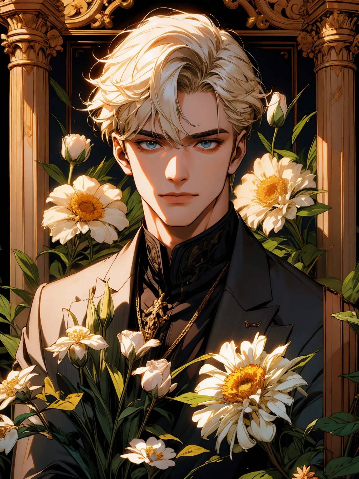 걸작, 꽃을 들고 있는 남자의 콜라주, 금발, 흑발, 흰머리