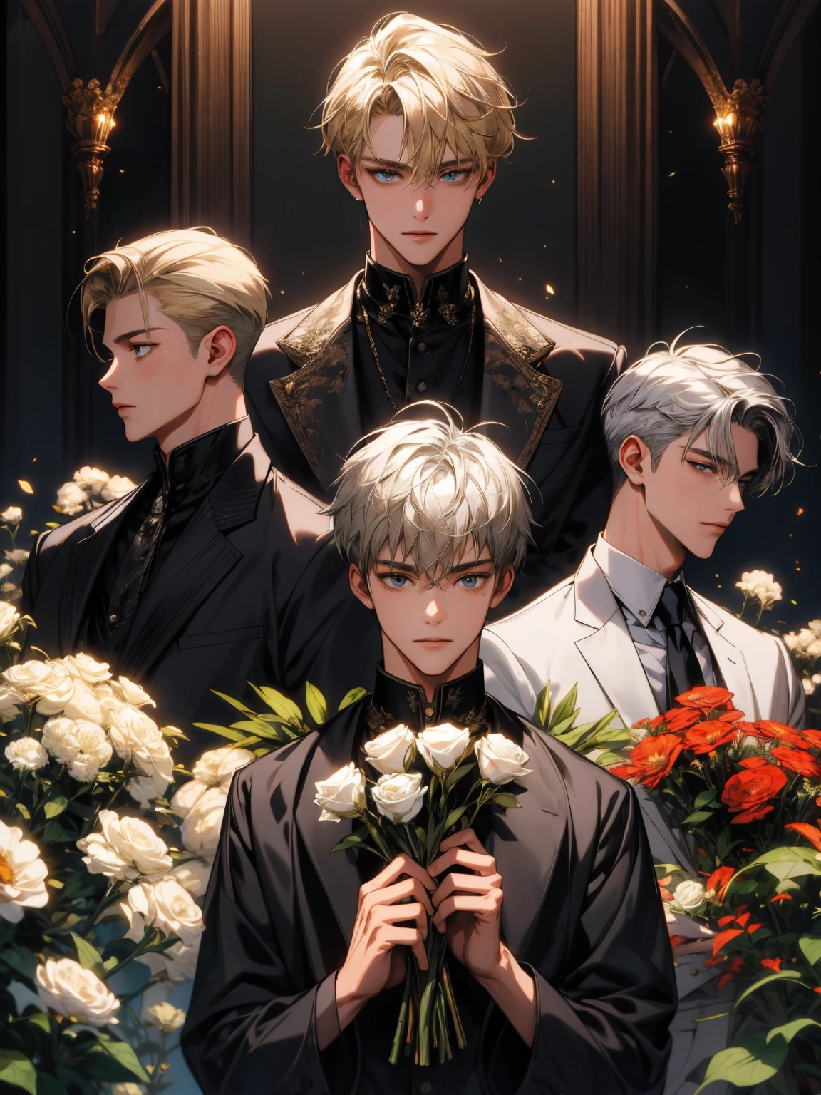 masterpiece, collage of man holding flowers, blond hair, black hair, white hair