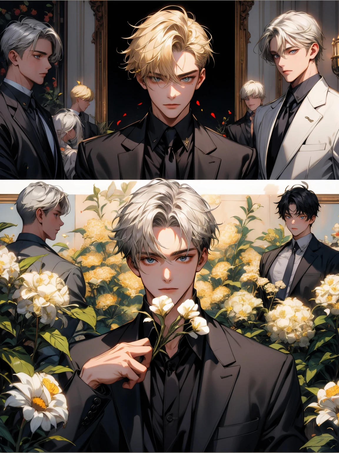 masterpiece, collage of man holding flowers, blond hair, black hair, white hair