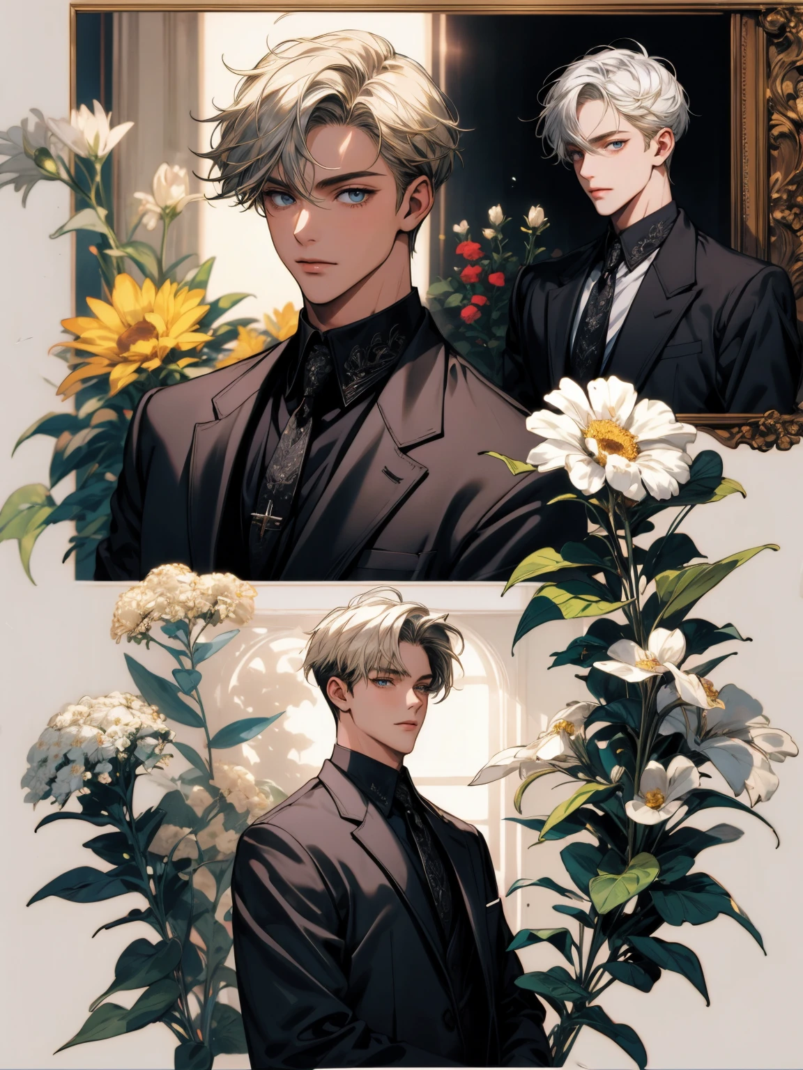 masterpiece, collage of man holding flowers, blond hair, black hair, white hair