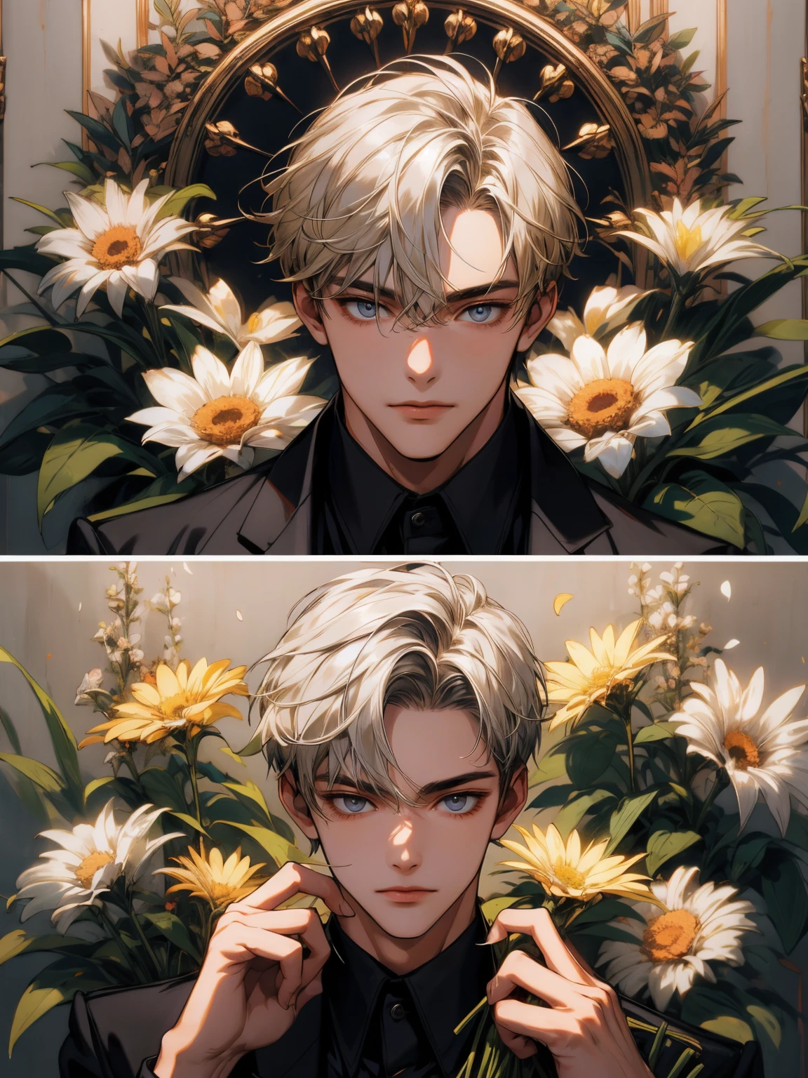 masterpiece, collage of man holding flowers, blond hair, black hair, white hair