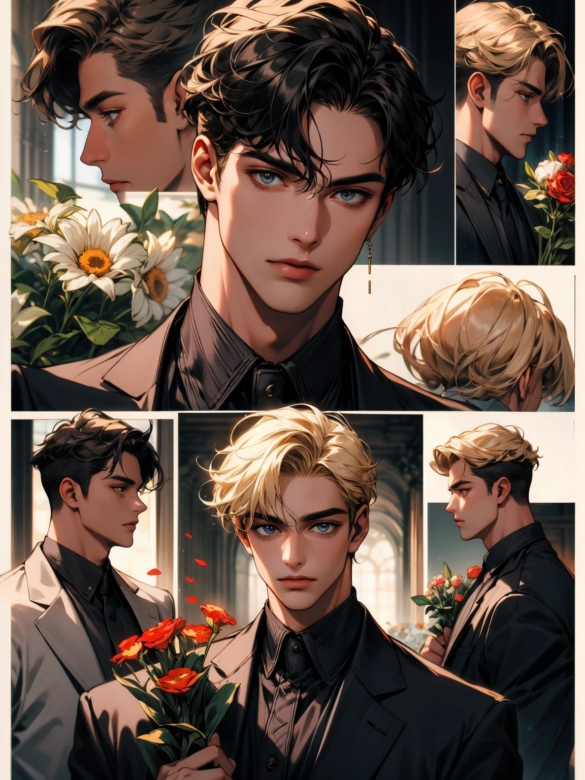 masterpiece, collage of man holding flowers, blond hair, black hair, white hair