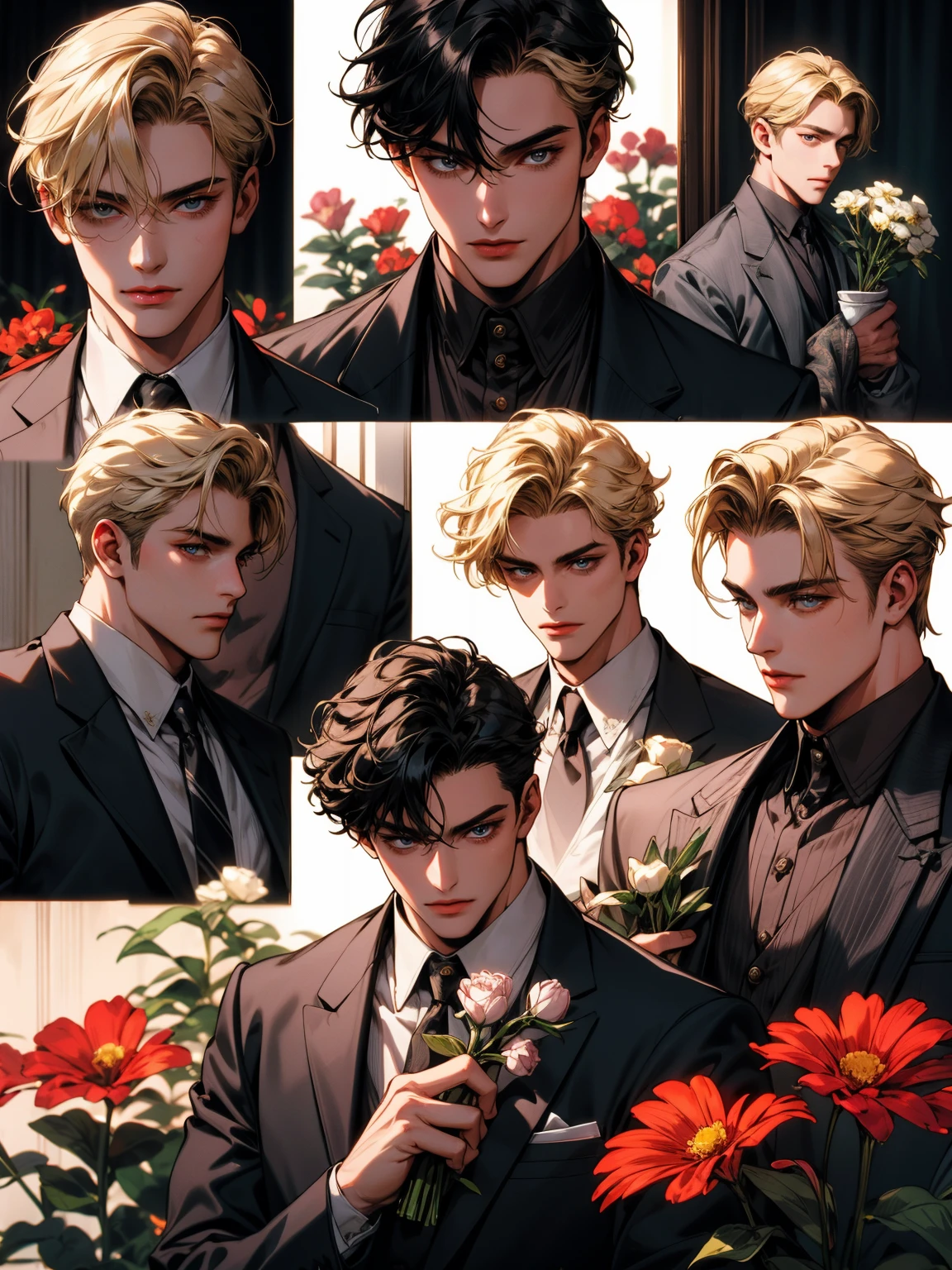 masterpiece, collage of man holding flowers, blond hair, black hair, white hair