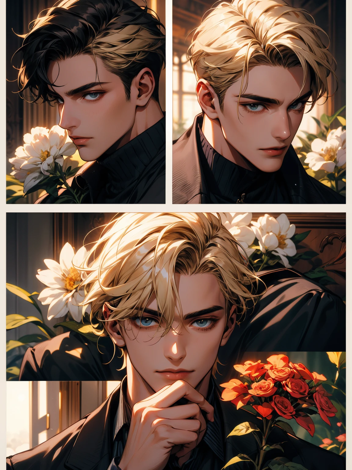 masterpiece, collage of man holding flowers, blond hair, black hair, white hair