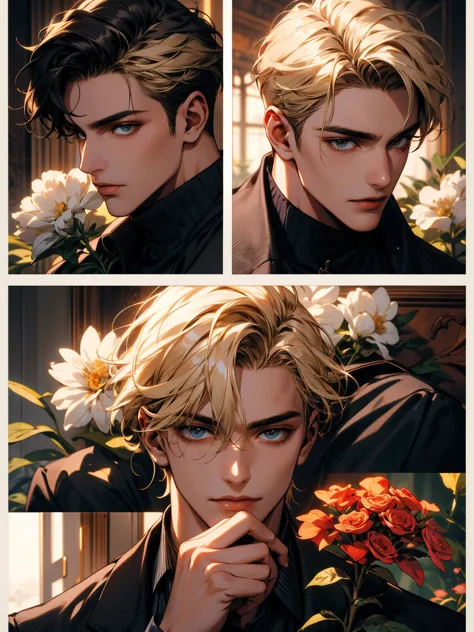 masterpiece, collage of man holding flowers, blond hair, black hair