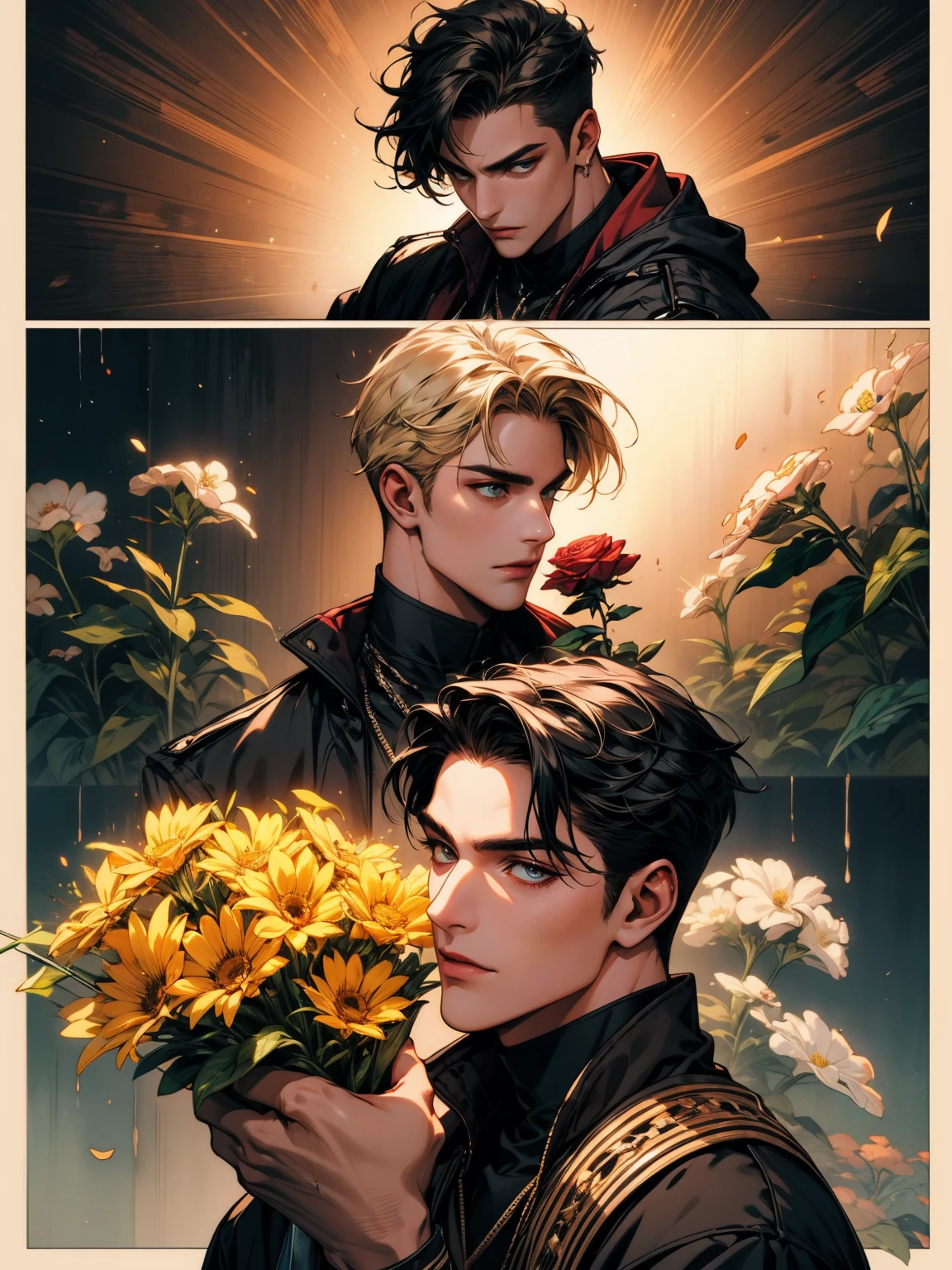 masterpiece, collage of man holding flowers, blond hair, black hair, white hair