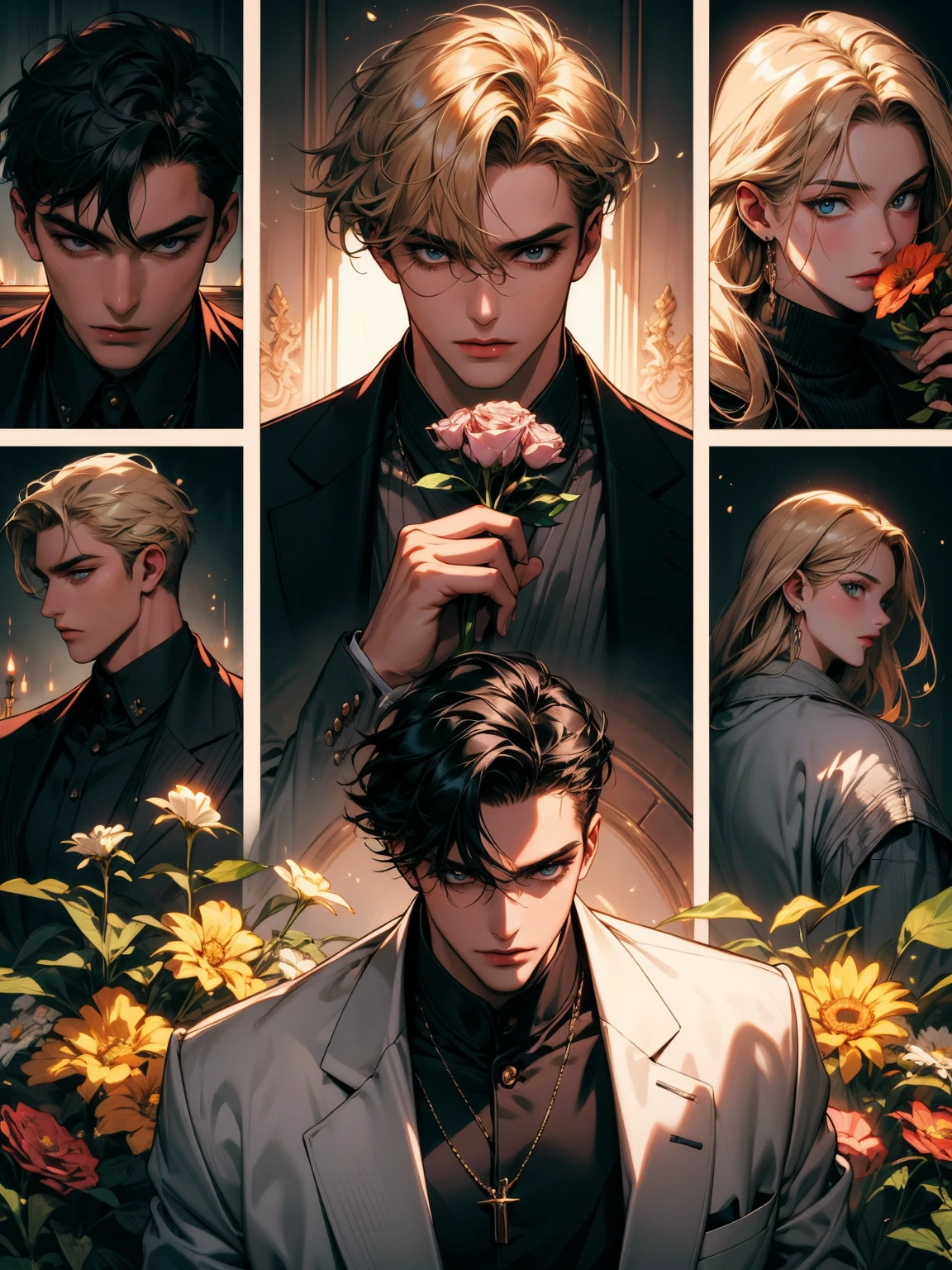 masterpiece, collage of man holding flowers, blond hair, black hair, white hair