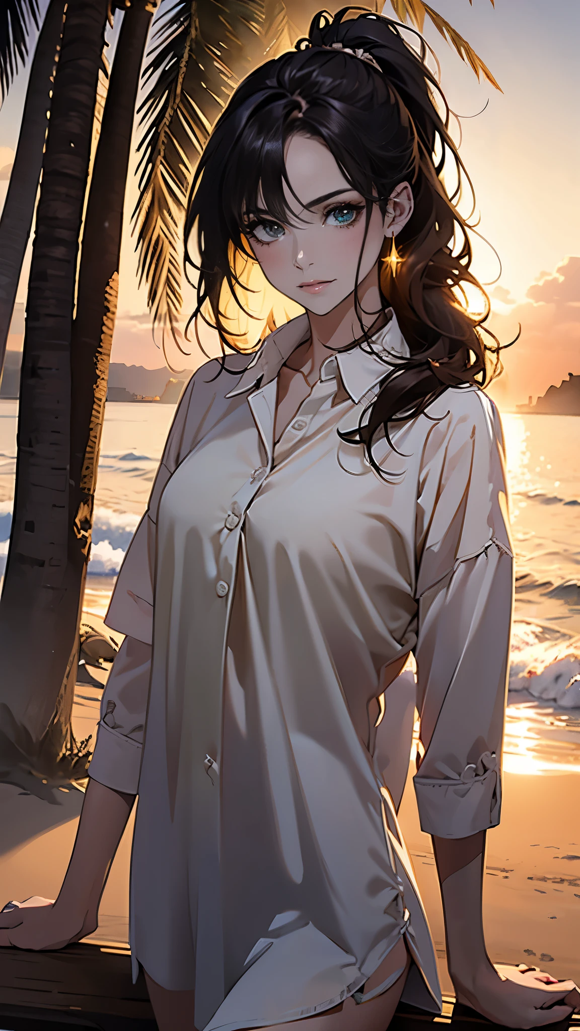 ((masterpiece, Best quality, a high resolution, ultra detailed),(beautiful and aesthetically pleasing:1.2), 1 woman, adult, perfect body, Wavy dark hair, green eyes, hair pulled back into a beautiful ponytail, Detailed eyes and face, long oversized shirt, swimsuit, bikini, golden hour, beach, sea, sand, Palm tree, complex parts, whole body, beachные шлепки, 