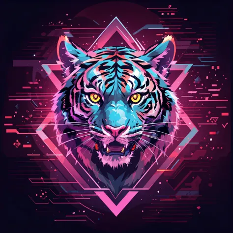 ((Vector tiger logo)), vector lines with glowing eyes and a star in the background, dark video game icon design, ((geometric pattern)), ((geometric vector art)), beautiful neon cat, demon cat, 3d icon, vector art style, mascot illustration, glowing-eyes-an...