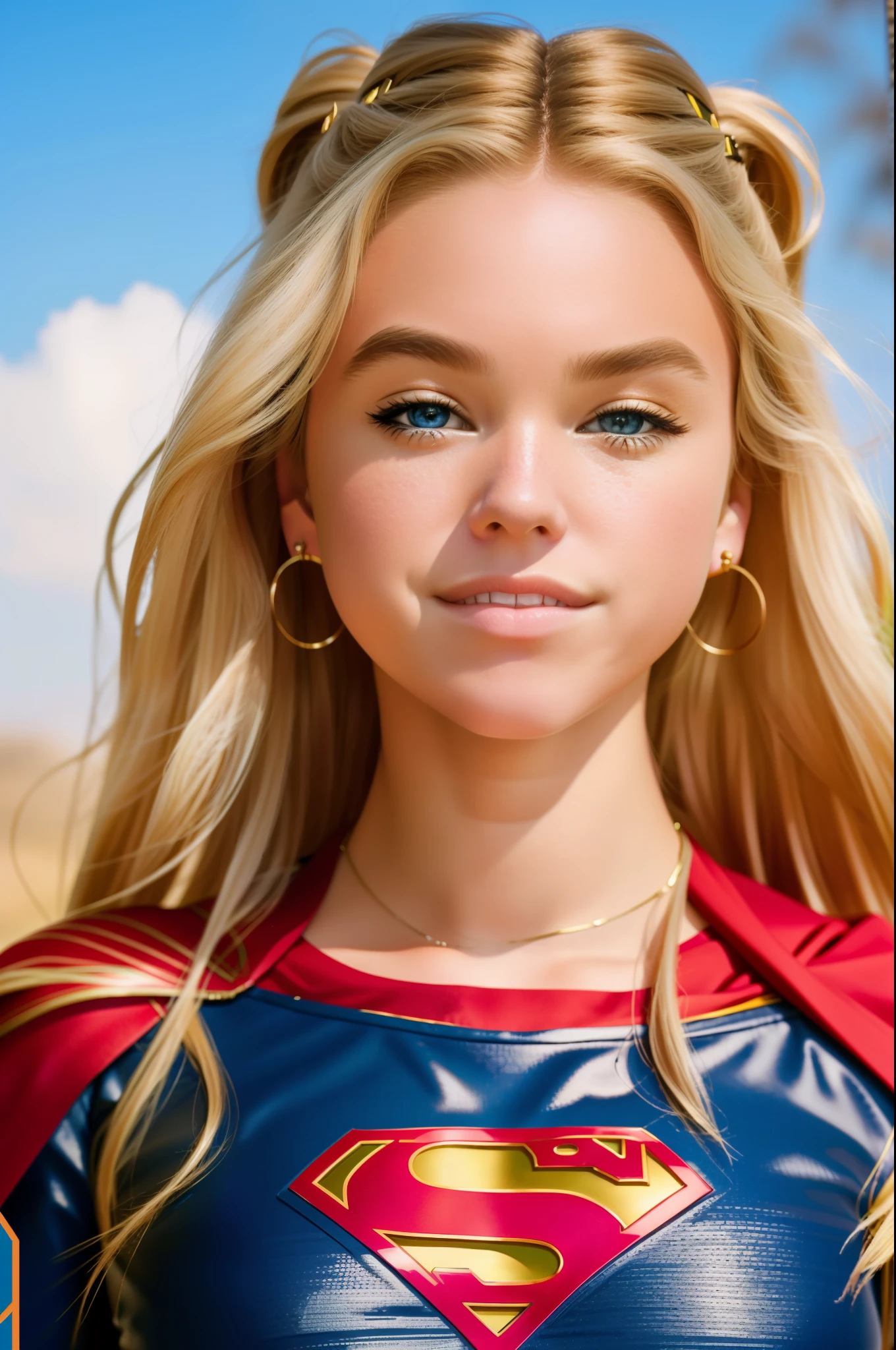 Une photo en couleur superbe et assez complexe de (une femme m111y:1),  cheveux blond,  regardant le spectateur comme une supergirl, costume de supergirl, en volant, Tout le corps, costume serré, visage détaillé