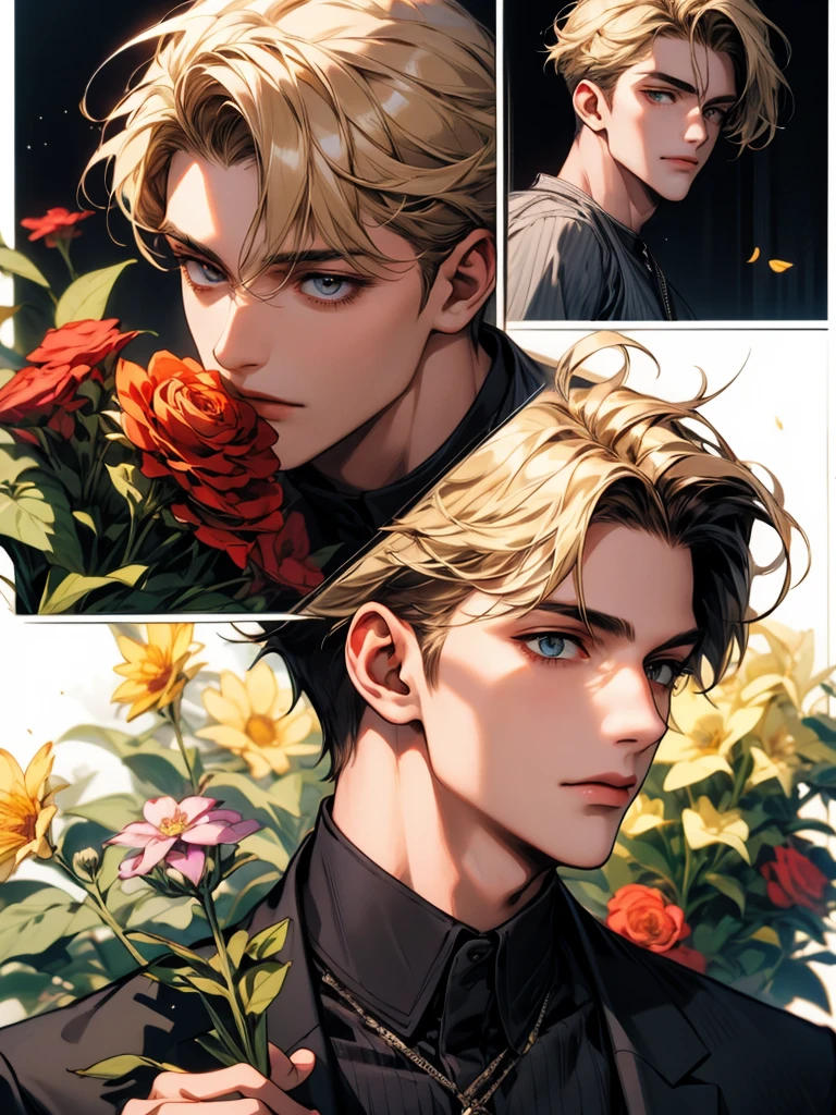 masterpiece, collage of man holding flowers, blond hair, black hair, white hair