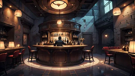 Create an image of cool, Modern bar. top quality, cinematic rendering, single engine, unreal engine. cosy, relaxing bar with a w...