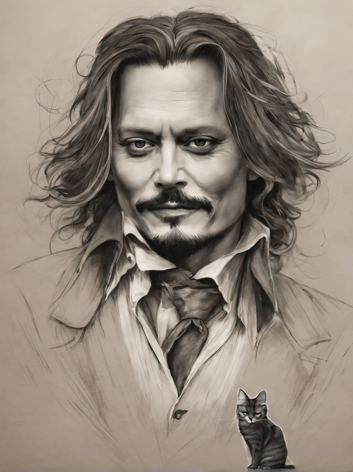 Combine Johnny Depp and a cat into one creature and draw his portrait.