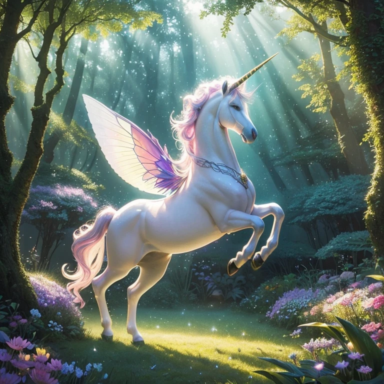 (ultra-detailed,photorealistic:1.2),dreamy fantasy scene,fantasy unicorn,sparkling mane,glowing horn,enchanted forest,magical atmosphere,rays of golden sunlight,ethereal mist,flying butterflies,whimsical flowers,vibrant colors,soft pastel palette,gentle breeze,peaceful and serene,surreal landscape,mythical creature,graceful movement,luminous eyes,majestic presence,fairytale-like,marvelous creature