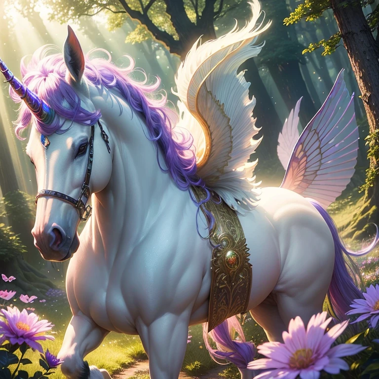 (ultra-detailed,photorealistic:1.2),dreamy fantasy scene,fantasy unicorn,sparkling mane,glowing horn,enchanted forest,magical atmosphere,rays of golden sunlight,ethereal mist,flying butterflies,whimsical flowers,vibrant colors,soft pastel palette,gentle breeze,peaceful and serene,surreal landscape,mythical creature,graceful movement,luminous eyes,majestic presence,fairytale-like,marvelous creature