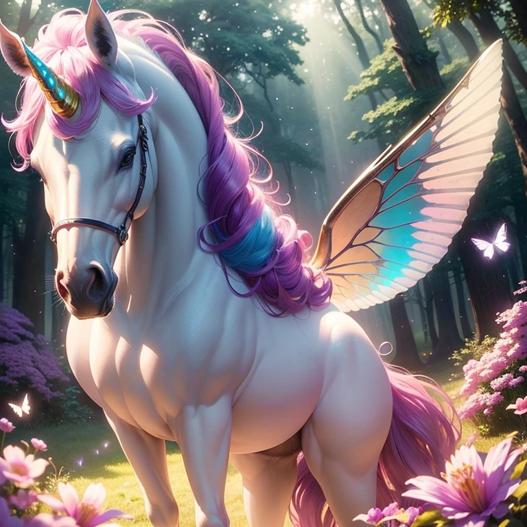 (ultra-detailed,photorealistic:1.2),dreamy fantasy scene,fantasy unicorn,sparkling mane,glowing horn,enchanted forest,magical atmosphere,rays of golden sunlight,ethereal mist,flying butterflies,whimsical flowers,vibrant colors,soft pastel palette,gentle breeze,peaceful and serene,surreal landscape,mythical creature,graceful movement,luminous eyes,majestic presence,fairytale-like,marvelous creature