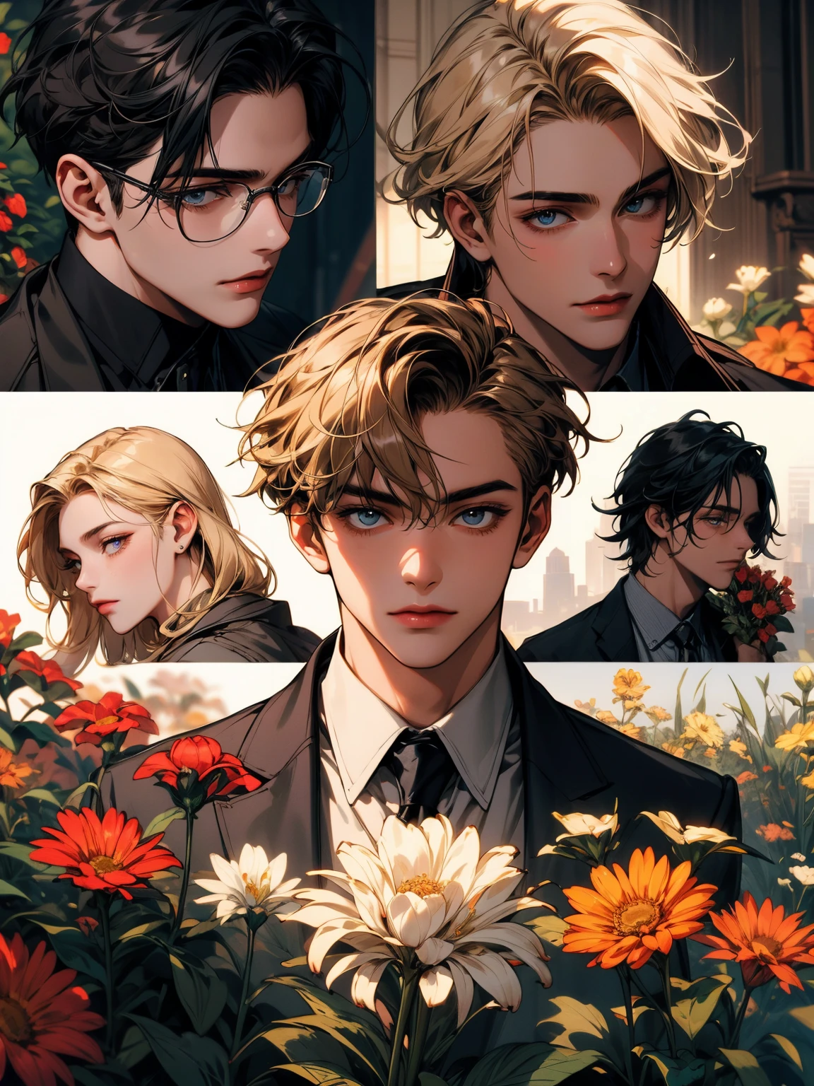 masterpiece, collage of teenage boy holding flowers, blond hair, black hair, 