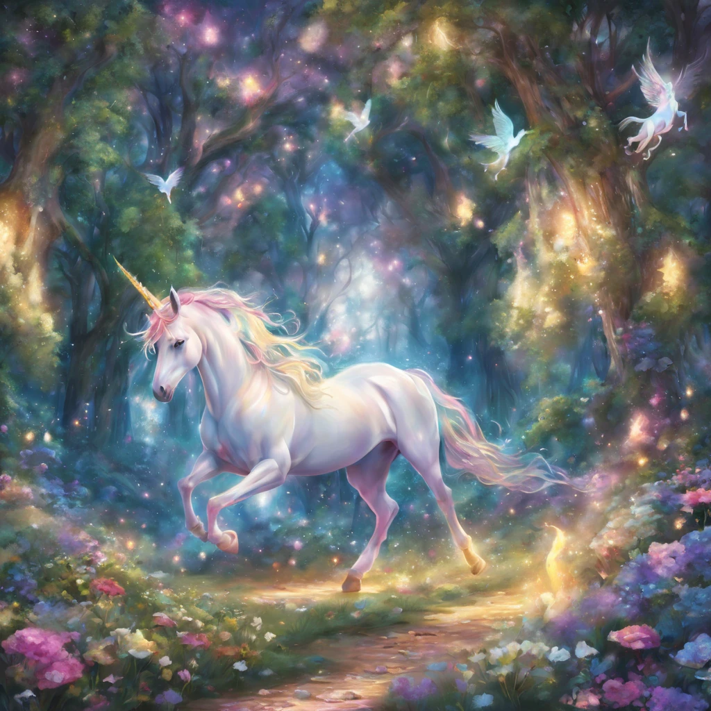 (ultra-detailed,photorealistic:1.2),dreamy fantasy scene,fantasy unicorn,sparkling mane,glowing horn,enchanted forest,magical atmosphere,rays of golden sunlight,ethereal mist,flying butterflies,whimsical flowers,vibrant colors,soft pastel palette,gentle breeze,peaceful and serene,surreal landscape,mythical creature,graceful movement,luminous eyes,majestic presence,fairytale-like,marvelous creature