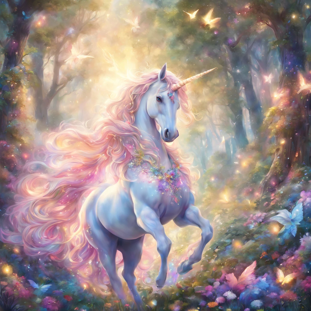 (ultra-detailed,photorealistic:1.2),dreamy fantasy scene,fantasy unicorn,sparkling mane,glowing horn,enchanted forest,magical atmosphere,rays of golden sunlight,ethereal mist,flying butterflies,whimsical flowers,vibrant colors,soft pastel palette,gentle breeze,peaceful and serene,surreal landscape,mythical creature,graceful movement,luminous eyes,majestic presence,fairytale-like,marvelous creature