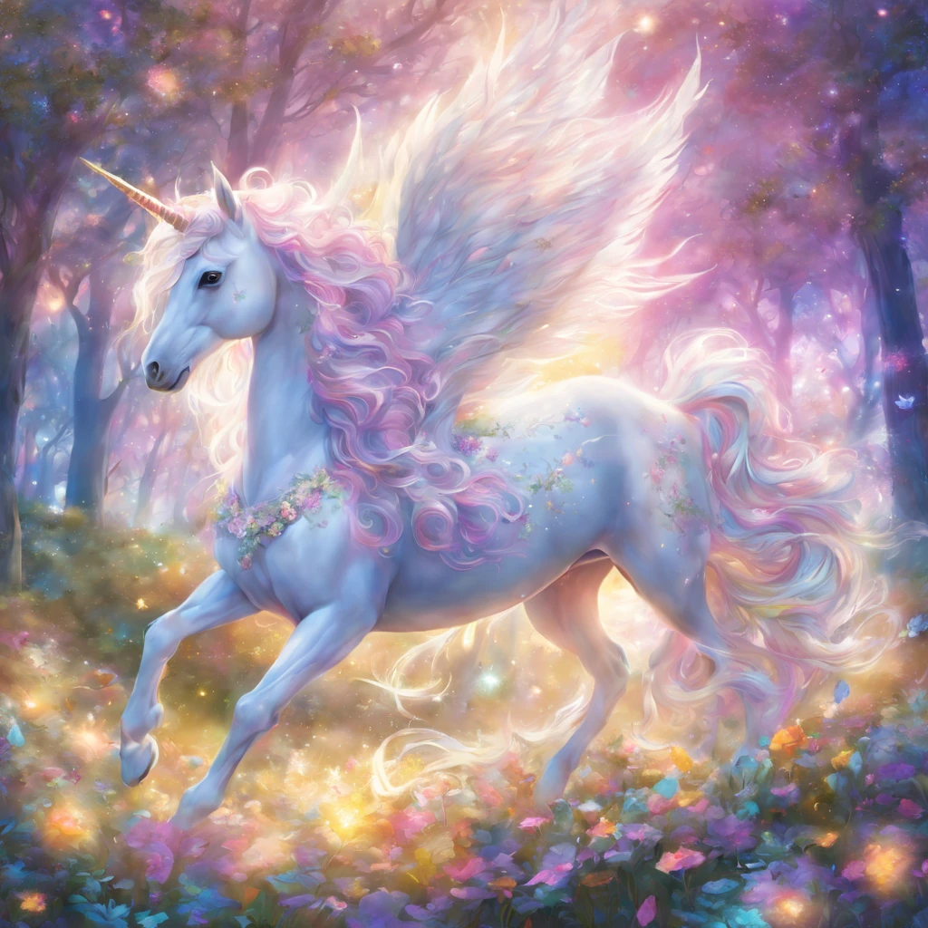 (ultra-detailed,photorealistic:1.2),dreamy fantasy scene,fantasy unicorn,sparkling mane,glowing horn,enchanted forest,magical atmosphere,rays of golden sunlight,ethereal mist,flying butterflies,whimsical flowers,vibrant colors,soft pastel palette,gentle breeze,peaceful and serene,surreal landscape,mythical creature,graceful movement,luminous eyes,majestic presence,fairytale-like,marvelous creature