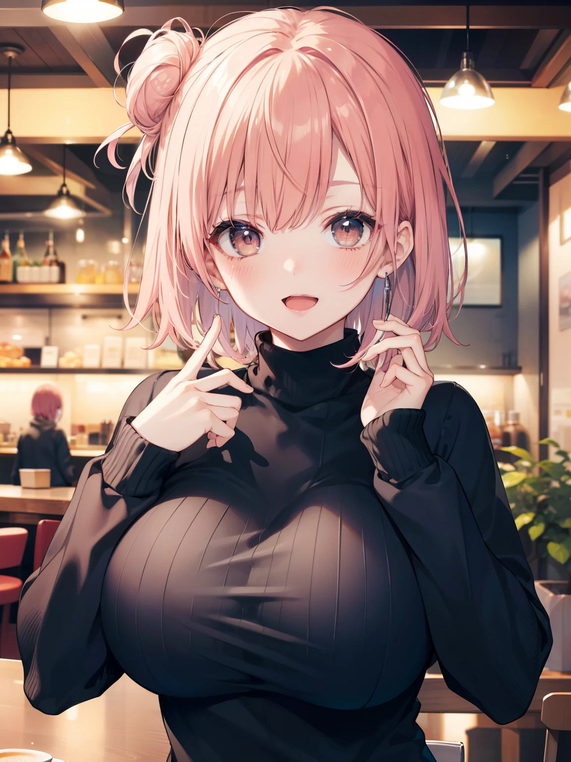 Yuigahama Yui, short hair, brown eyes, Pink hair,  single bun hair, 
1girl,  

looking at viewer, 
(masterpiece:1.2), highest quality, High resolution, unity 8k wallpaper,  (beautiful and fine eyes), highly detailed face, perfect lighting, Very detailed CG, (perfect hands, perfect anatomy),

blush, smile, open mouth,  
(huge breasts, focus breasts), 
upper body, 
black turtleneck, 
Cafe Background, blur the background, 