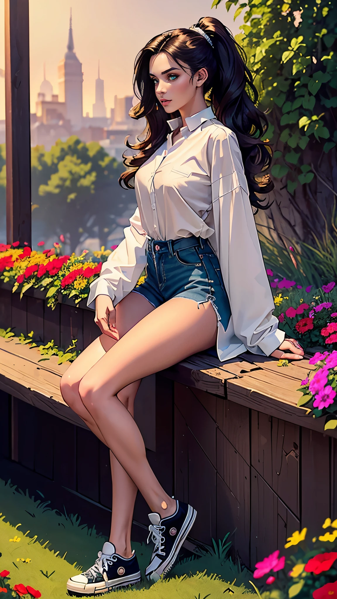 ((masterpiece, Best quality, a high resolution, ultra detailed),(beautiful and aesthetically pleasing:1.2), 1 woman, adult, perfect body, Wavy dark hair, green eyes, high short ponytail, Beautiful, Detailed eyes and face, long oversized shirt, skinny jeans, Converse sneakers, golden hour, Field of Flowers, complex parts, full body 