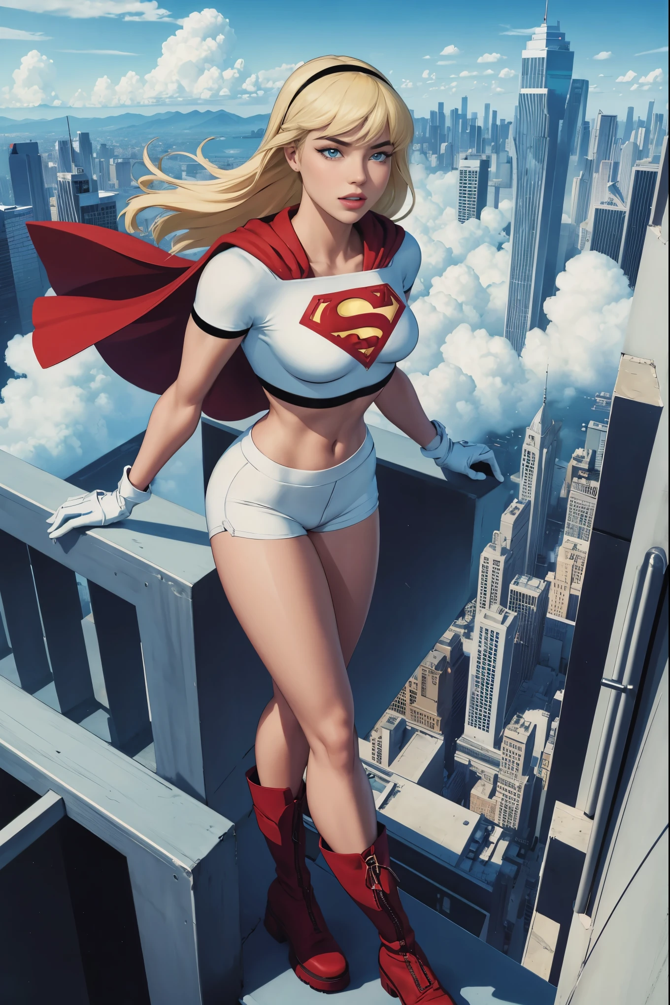 (cowboy shot), SFW, (masterpiece), (best quality: 1.0), (ultra highres: 1.0), detailed eyes, BREAK Supergirl, 1girl, long blonde hair, Hair band, \(white\) crop top, dolphin shorts, gloves, boots BREAK (clouds, city, stunning view) sexy, stunning, flying in the air, sexy, large 
