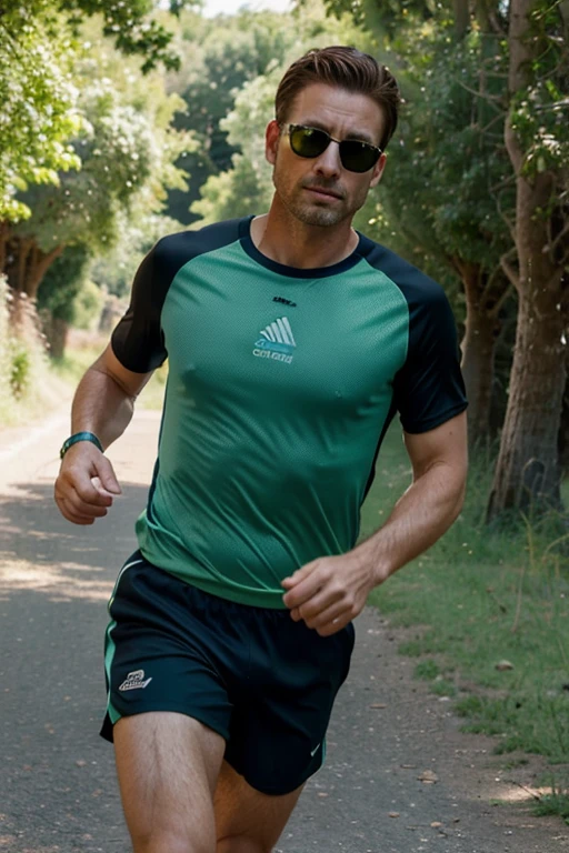 Marc, Male, 35 years old, Combed brown hair, Piercing blue eyes, Running gear - black running shorts, breathable t-shirt, running sneakers, Sunglasses, Lush green countryside, Winding dirt roads, Shady trees and open fields, Realistic styling with a soothing, natural color palette.