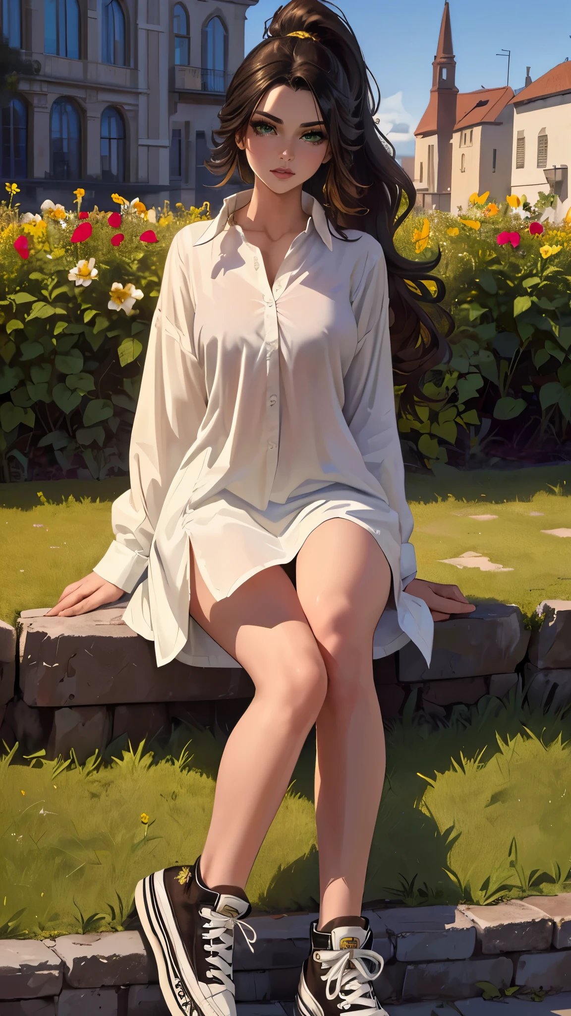 ((masterpiece, Best quality, a high resolution, ultra detailed),(beautiful and aesthetically pleasing:1.2), 1 woman, adult, perfect body, Wavy dark hair, green eyes, high short ponytail, Beautiful, Detailed eyes and face, long oversized shirt, Converse sneakers, golden hour, Field of Flowers, complex parts