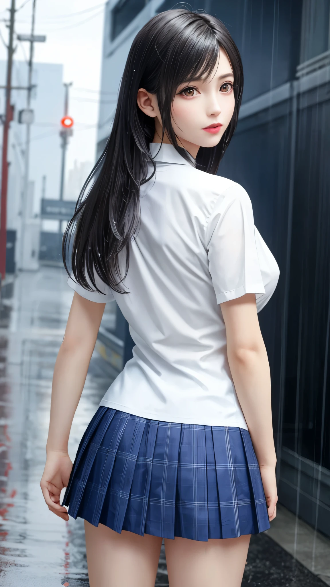 (top quality, masutepiece: 1.1), (Realistic: 1.3), (photoRealistic: 1.3),wallpapers, BREAK (((FF7,Tifa_lockhart))),(((Japan jk uniform,White short-sleeved shirt,Navy Blue Plaid Pleated mini-Skirt,Dark blue short socks,loafers))),(background big city,shibuya:1.1,hard rain:1.3,neon:1.2),(gravure pose:1.3,nogizaka idol),Ultra-detailed face, Detailed eyes,Red eyes, BREAK (((FF7,Tifa_lockhart))),(black brown hair, Large breasts: 1.2), BREAK , About 18 years old,kawaii,(calf focus:1.2,back hair:1.2),sensual,zettai_ryouiki:1.1,looking at viewer,Beautiful legs,walking,wet body:1.3,Heavy rain ,(Rain-drenched body: 1.3), (Bodysuit with water droplets: 1.3), (Rain-soaked hair: 1.3) , (Rain-soaked bangs: 1.3), (Rain-soaked shirt: 1.3) ,
