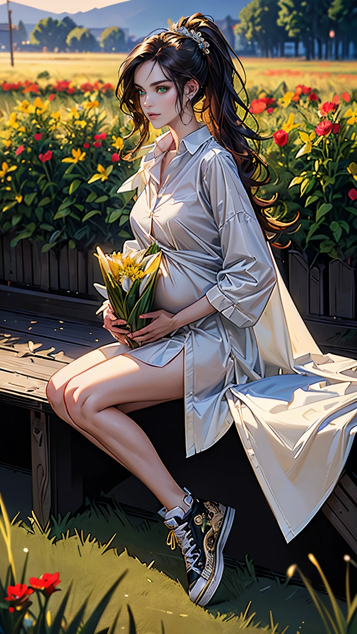 ((masterpiece, best quality, highres, ultra-detailed),(beautiful and aesthetic:1.2), 1woman, adult, perfect body, wavy dark hair, green eyes, high short ponytail, handsome, detailed eyes and face, oversized long shirt, converse sneakers, golden hour, field of flowers, intricate details, pregnancy 