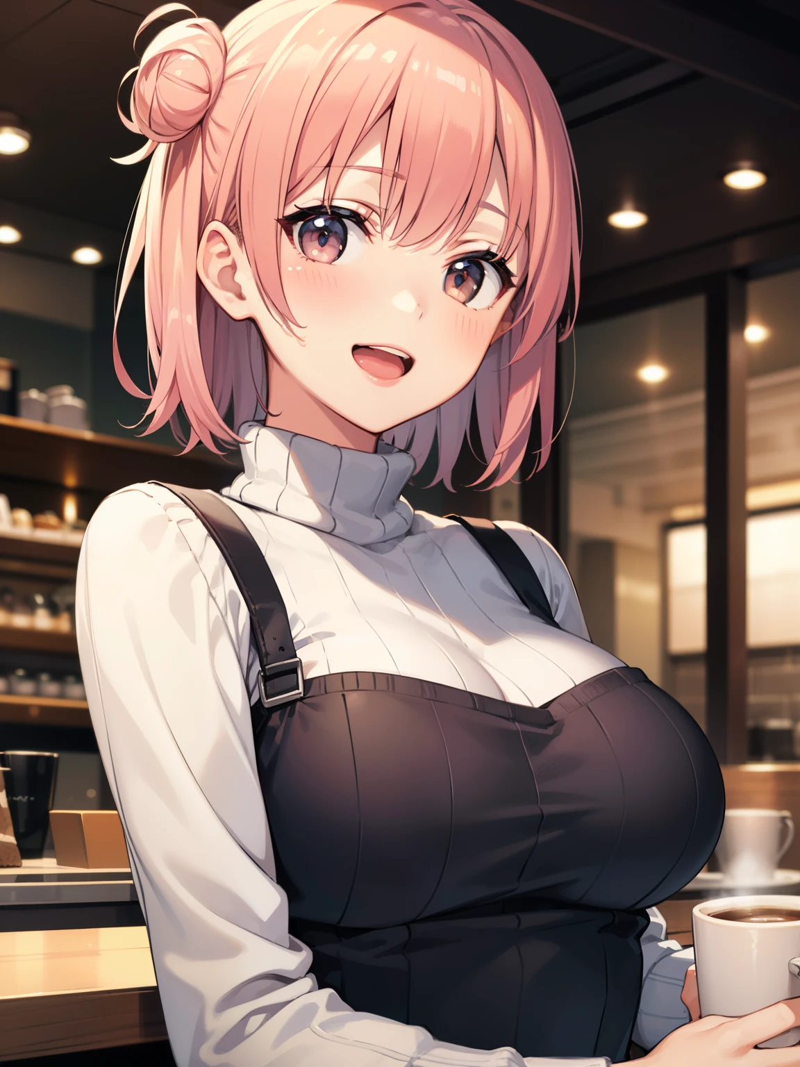Yuigahama Yui, short hair, brown eyes, Pink hair,  single bun hair, 
1girl,  

looking at viewer, 
(masterpiece:1.2), highest quality, High resolution, unity 8k wallpaper,  (beautiful and fine eyes), highly detailed face, perfect lighting, Very detailed CG, (perfect hands, perfect anatomy),

blush, smile, open mouth,  
large breasts, focus breasts, tight clothes, 
upper body, 
(black turtleneck, knit sweater),  
Cafe Background, blur the background, 
