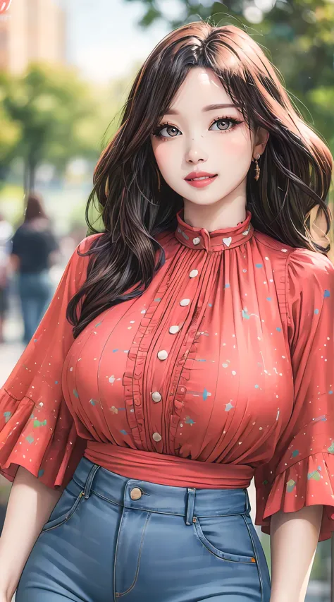 (best quality, masterpiece, ultra-detailed, photorealistic:1.3), wavy hair, wide hips, printed blouse, jeans, city park
