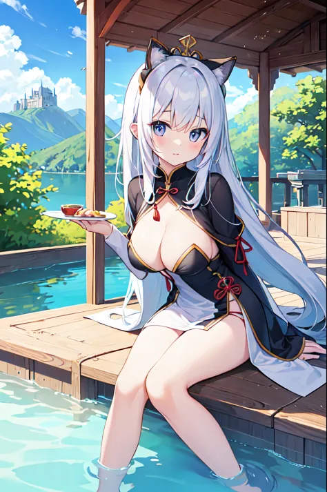 （masterpiece）、(highest quality)、((Super detailed))、(super delicate)、naughty chinese princess、Pastel colors hair、beautiful breasts、gorgeous mountain castle、Fantastic lake、Looking up from under your feet