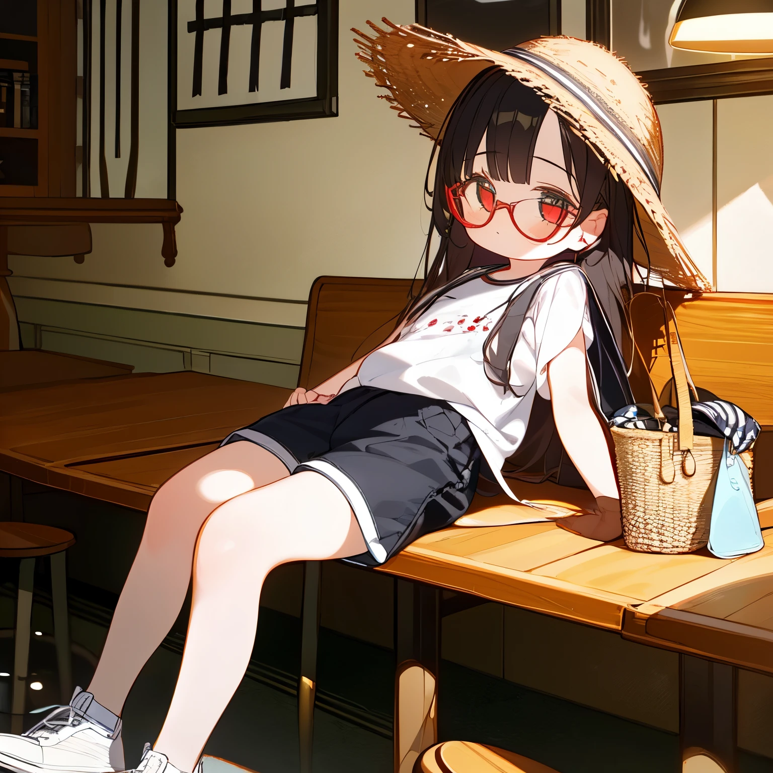 Chica anime sentada en un banco con un sombrero de paja y gafas de sol. -  SeaArt AI