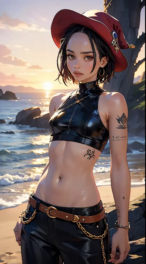 zoe kravitz character(1.1), zoe kravitz face, wonderful girl, short hair, pirate clothes, white shirt, leather belts, pirate hat...