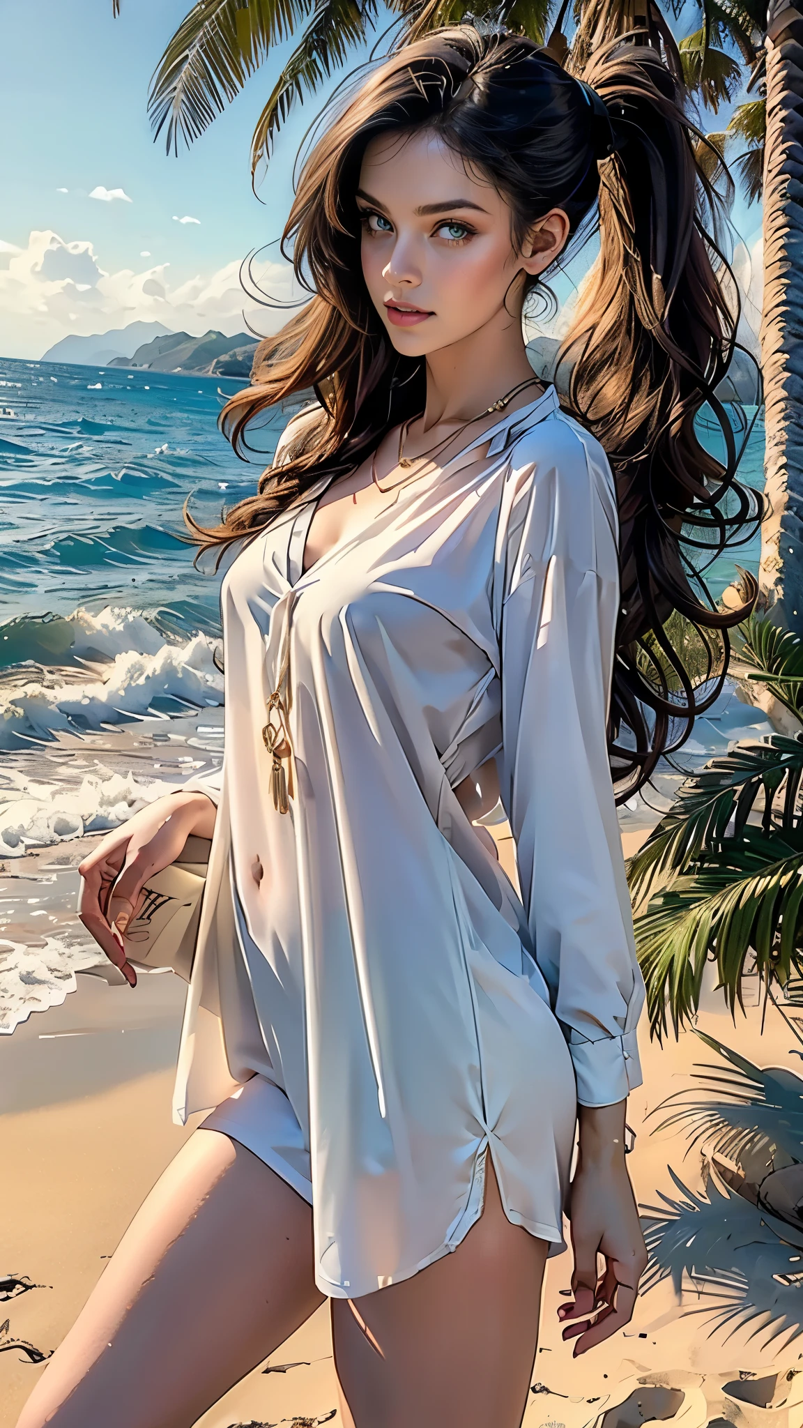 ((masterpiece, Best quality, a high resolution, ultra detailed),(beautiful and aesthetically pleasing:1.2), 1 woman, adult, perfect body, Wavy dark hair, green eyes, hair pulled back into a beautiful ponytail, Detailed eyes and face, long oversized shirt, swimsuit, bikini, golden hour, beach, sea, sand, Palm tree, complex parts, whole body, beachные шлепки, 
