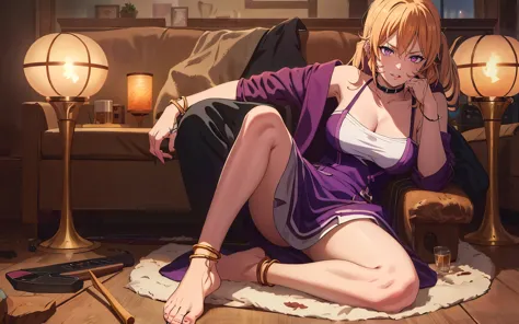 (anatomically correct:1.4), erina, nakiri erina, blonde hair, long hair, ponytail, purple eyes, breasts, epic art, fantasy, 1girl, anklet, barefoot, solo, jewelry, sitting, indoors, breasts, choker, looking_at_viewer, cleavage, bracelet, large_breasts, bar...