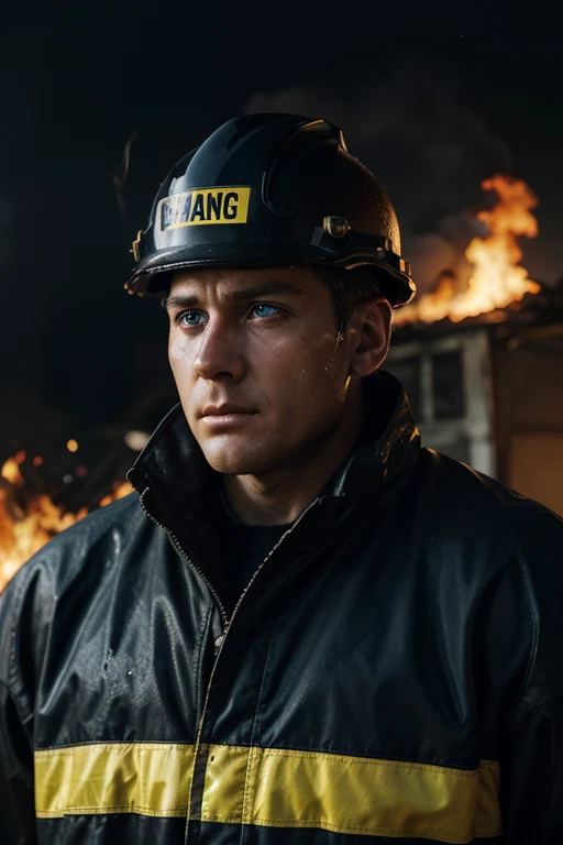 A striking scene in HD, influenced by the aesthetics of anime horror and realism. In a blazing street, between flames and smoke, Alex, a 35-year-old firefighter, stands bravely. Dressed in his fireproof suit, his black and yellow jacket sparkles in the glow of the blaze. His helmet, scarred by fire and soot, bears witness to his relentless struggle. His blue eyes, resolute but imbued with humanity, scan the horizon in search of survival. Among the cries of distress, he prepares to face the flames, a modern-day hero in the midst of danger.