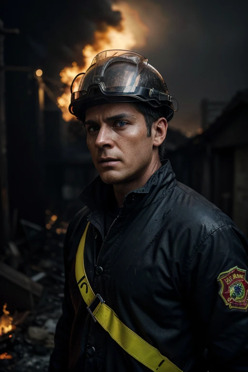 A striking scene in HD, influenced by the aesthetics of anime horror and realism. In a blazing street, between flames and smoke, Alex, a 35-year-old firefighter, stands bravely. Dressed in his fireproof suit, his black and yellow jacket sparkles in the glow of the blaze. His helmet, scarred by fire and soot, bears witness to his relentless struggle. His blue eyes, resolute but imbued with humanity, scan the horizon in search of survival. Among the cries of distress, he prepares to face the flames, a modern-day hero in the midst of danger.