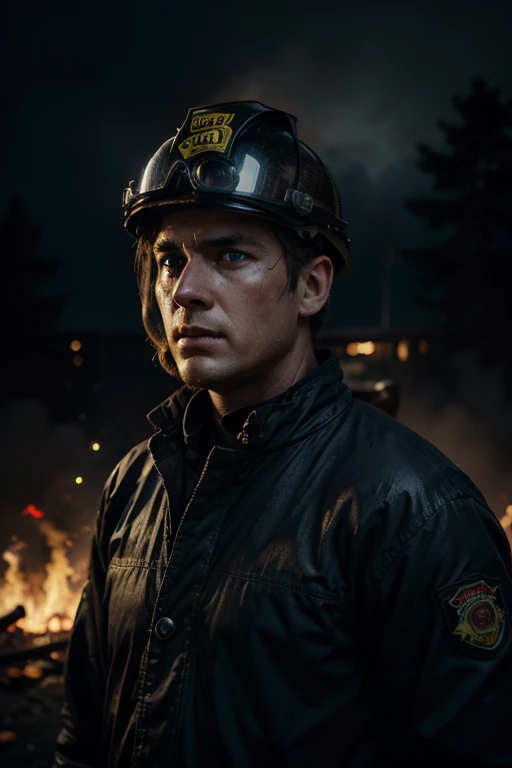 A striking scene in HD, influenced by the aesthetics of anime horror and realism. In a blazing street, between flames and smoke, Alex, a 35-year-old firefighter, stands bravely. Dressed in his fireproof suit, his black and yellow jacket sparkles in the glow of the blaze. His helmet, scarred by fire and soot, bears witness to his relentless struggle. His blue eyes, resolute but imbued with humanity, scan the horizon in search of survival. Among the cries of distress, he prepares to face the flames, a modern-day hero in the midst of danger.