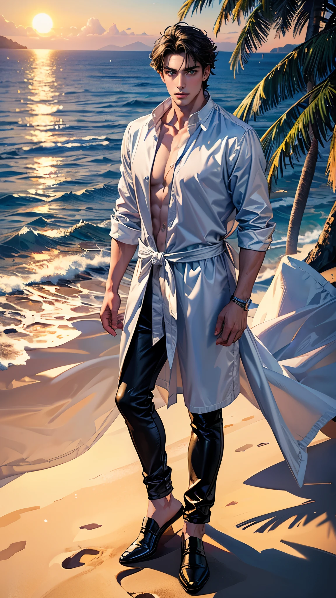 ((masterpiece, Best quality, a high resolution, ultra detailed),(beautiful and aesthetically pleasing:1.2), 1 man, adult, perfect body, Wavy short dark hair, green eyes, Detailed eyes and face, male body, male focus, muscle body, long oversized shirt, beachные шорты, golden hour, beach, sea, sand, Palma, complex parts, full body, beachные шлепки