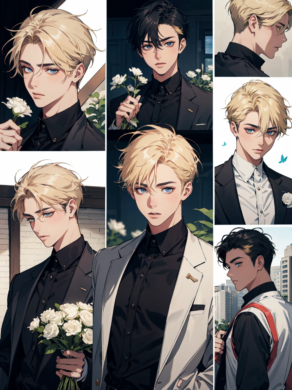 masterpiece, collage of teenage boy holding flowers, blond hair, black hair, 