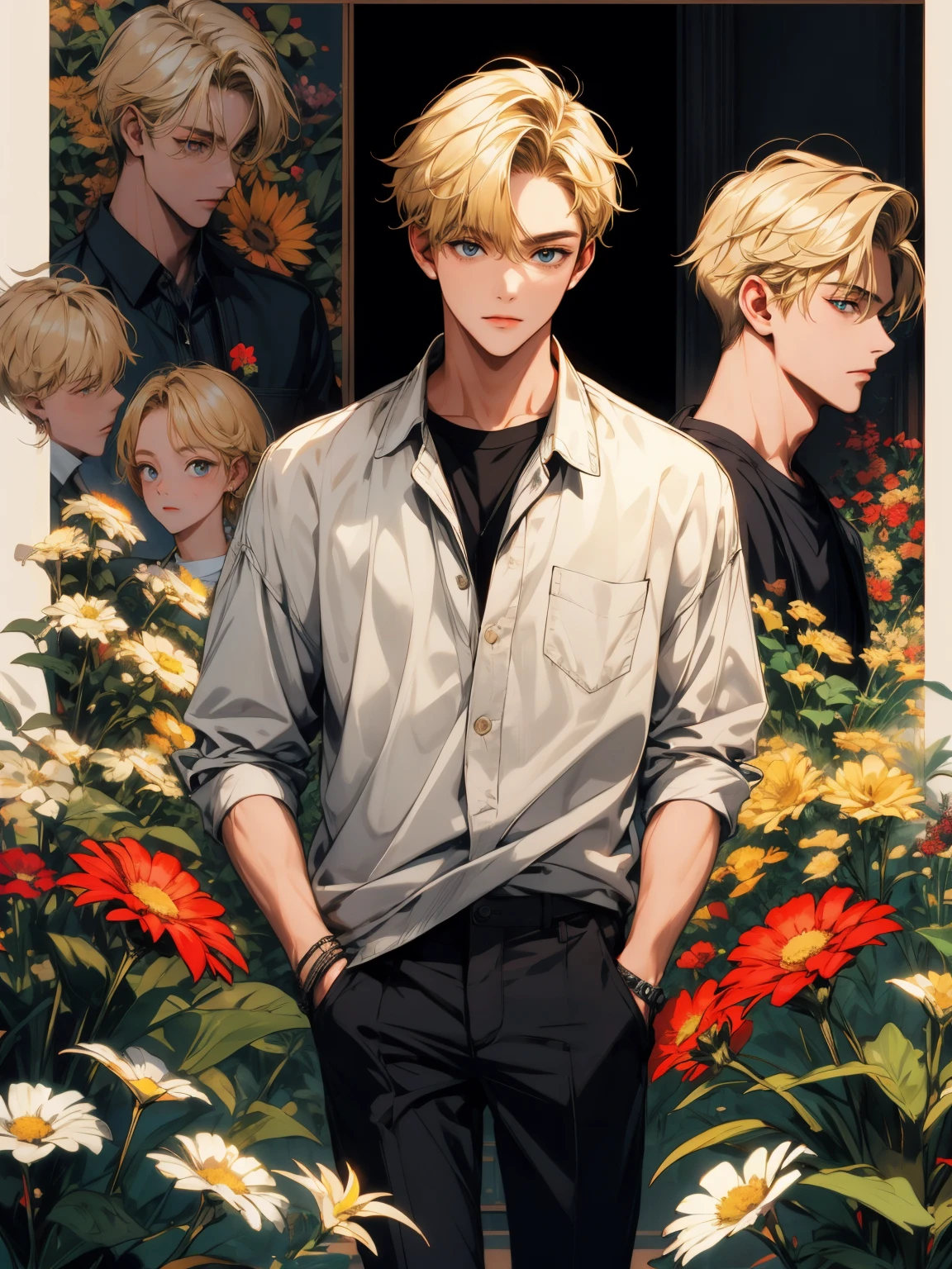 masterpiece, collage of teenage boy holding flowers, blond hair, black hair, 