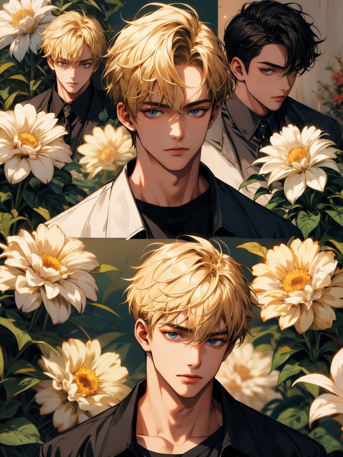 masterpiece, collage of teenage boy holding flowers, blond hair, black hair, 